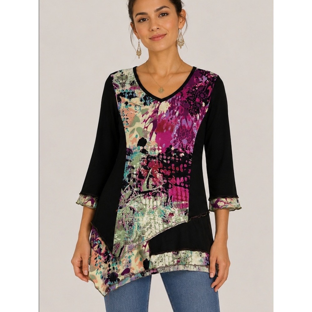 Parsley & Sage Abstract Art Print Asymmetrical Tunic Top Women M Grunge Boho Y2K